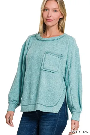 BRUSHED HACCI HI-LOW ROUND NECK SWEATER