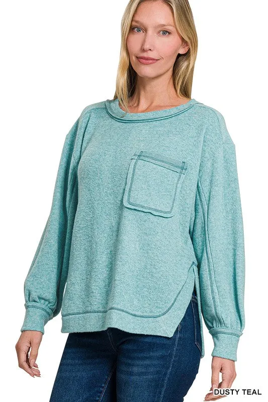 BRUSHED HACCI HI-LOW ROUND NECK SWEATER