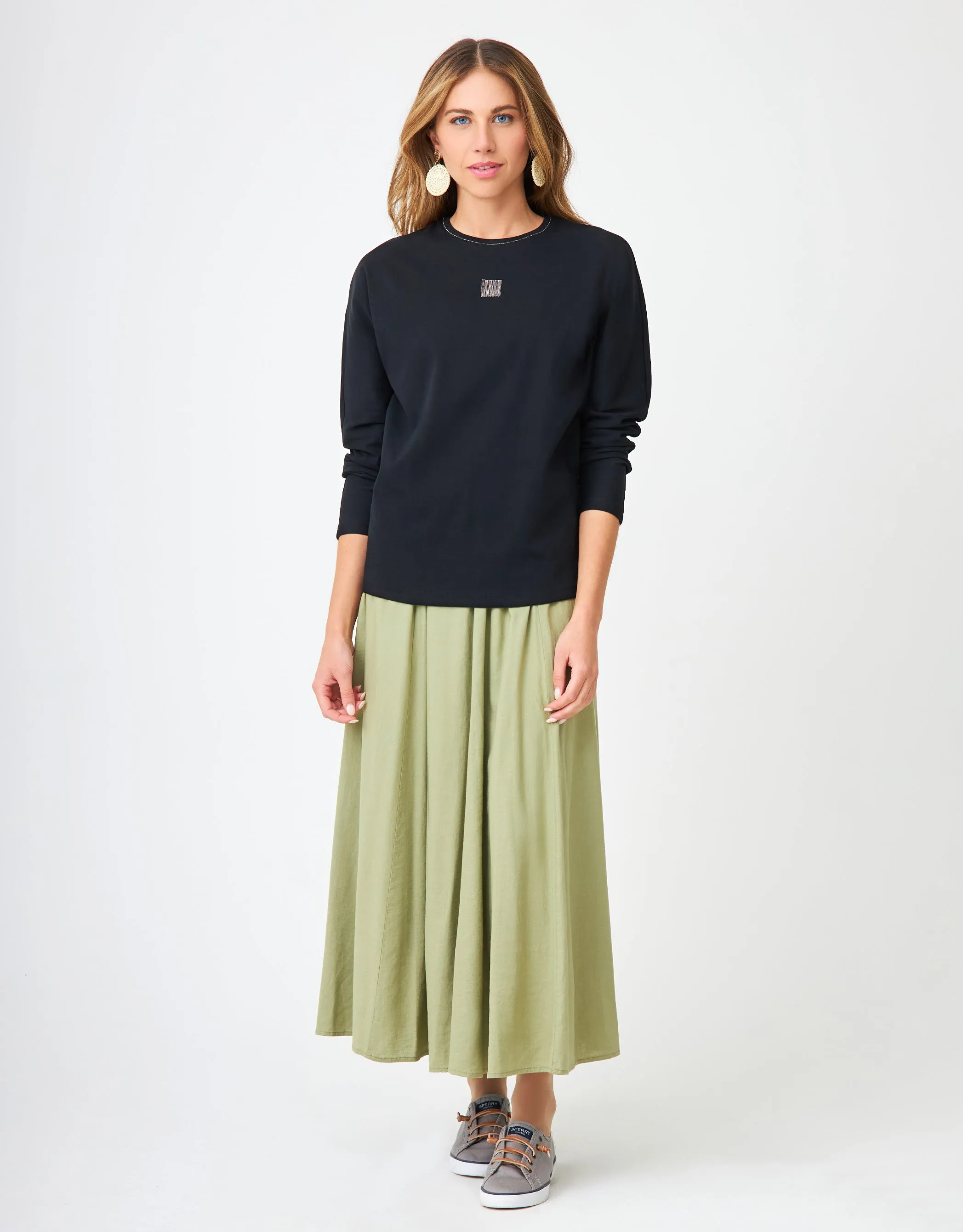 Dolman Crew Tee with Back Button and Micro Bead Trim Black