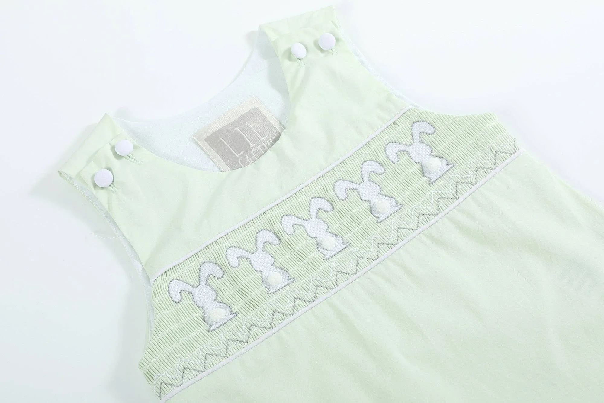 Honeydew Green Bunny Smocked Shortalls