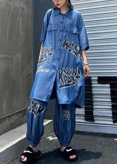 Lightweight and cool summer blue suit women fashion  short sleeve   pants two-pieces
