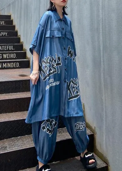 Lightweight and cool summer blue suit women fashion  short sleeve   pants two-pieces