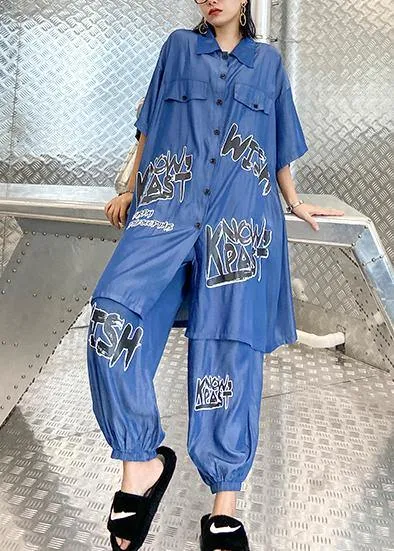 Lightweight and cool summer blue suit women fashion  short sleeve   pants two-pieces