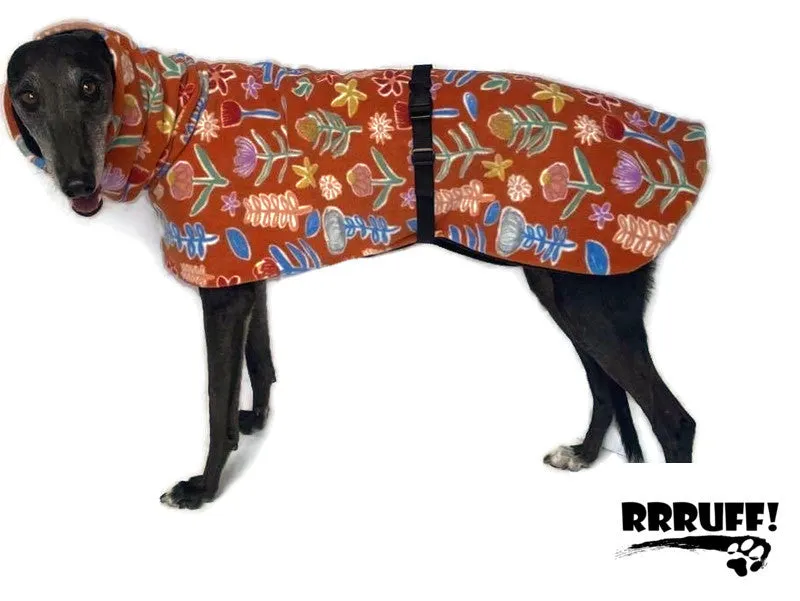 Trend setting greyhound coat in floral harvest double polar fleece washable