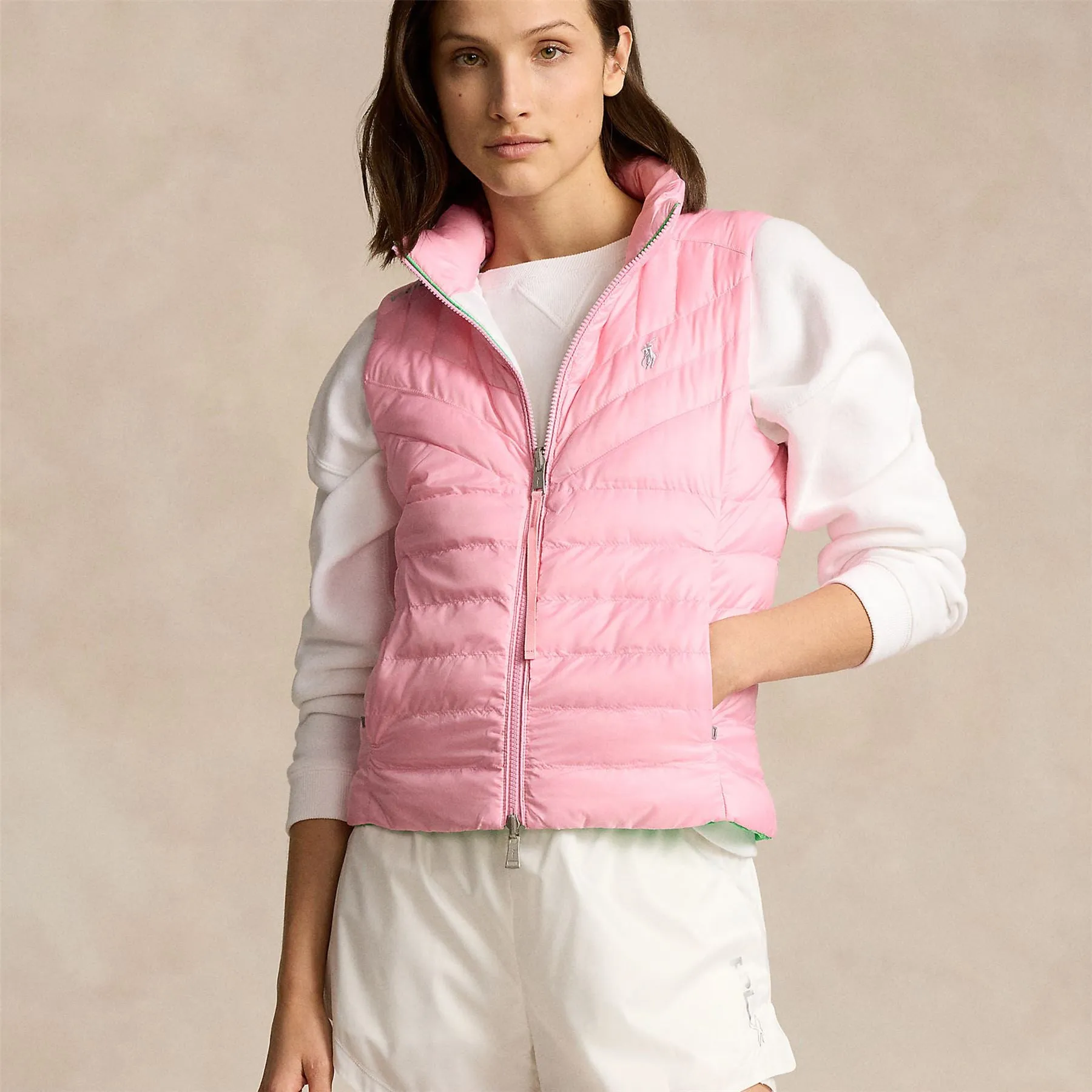 Womens Water-Resistant Reversible Vest Ceramic White/Course Green/Course Pink - SS24